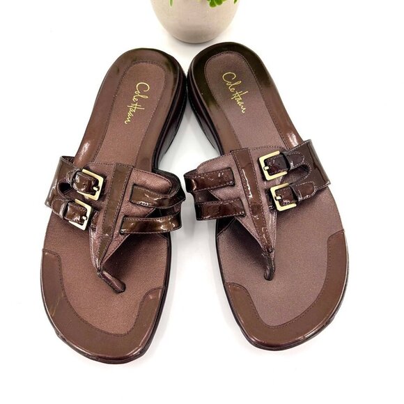 COLE-HAAN NIKE AIR BROWN LEATHER/PATENT LEATHER BUCKLE SANDALS - 7 - Picture 2 of 11